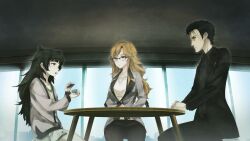 1boy 2girls beard_stubble belt belt_buckle black_cardigan black_hair black_jacket black_pants black_pantyhose black_shirt blonde_hair blouse blunt_bangs breast_pocket breasts buckle cardigan chair closed_mouth clothing_request collar collarbone collared_shirt dress expressionless facial_hair flat_chest game_cg glasses green_collar green_dress green_eyes green_hair green_trim grey_jacket hair_between_eyes hands_on_table high_heels highres hiyajou_maho holding huke indoors jacket jacket_over_dress jitome kiryuu_moeka lapels large_breasts long_hair long_sleeves looking_at_another messy_hair miniskirt multiple_girls non-web_source notched_lapels object_in_pocket office_lady official_art okabe_rintarou okabe_rintarou_(beta) on_chair open_mouth pants pantyhose pen_in_pocket pink_eyes pocket ringed_eyes serious shirt shoes short_hair sideburns_stubble sitting skirt steins;gate steins;gate_0 stubble table thick_eyebrows thick_thighs thighs very_long_hair white_shirt white_shoes window yellow_eyes