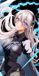 Rule 34 | 1girl, absurdres, armor, black background, black hairband, blush, breasts, closed mouth, female corrin (emblem) (fire emblem), female corrin (fire emblem), fire emblem, fire emblem engage, fire emblem fates, hair between eyes, hairband, highres, long hair, looking at viewer, medium breasts, mu tu bu, nintendo, pointy ears, simple background, smile, standing, white hair