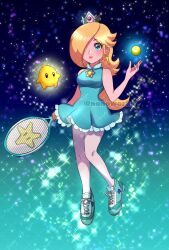 1girl ball bare_shoulders blonde_hair blue_dress blue_eyes blue_footwear breasts brooch closed_mouth commentary crown dress earrings english_commentary eyelashes floating floating_object full_body hair_over_one_eye highres holding_tennis_racket jewelry long_hair looking_at_viewer luma_(mario) mario_(series) mario_tennis nintendo nonoworks official_alternate_costume pantyhose racket rosalina shoes sleeveless sleeveless_dress smile sneakers star_(symbol) star_brooch star_earrings tennis_ball tennis_racket tennis_rosalina twitter_username white_pantyhose