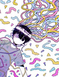 1boy absurdres bandage_over_one_eye bandaged_head bandages black_eyes black_hair chromatic_aberration colored_skin confetti double-parted_bangs empty_eyes from_above grey_shirt hair_behind_ear hair_between_eyes highres looking_at_viewer lying male_focus my_loleeta no_mouth no_pupils official_alternate_costume omori on_back shirt short_sleeves simple_background solo spoilers straight-on sunny_(omori) upper_body white_skin