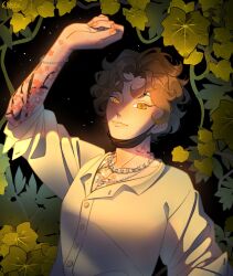 1boy arm_tattoo arm_up black_background black_mask bright_pupils brown_hair buttons chain chain_necklace character_request cherry_blossoms chest_tattoo closed_mouth collared_shirt commentary commission english_commentary fingerless_gloves flower flower_necklace flower_tattoo gloves happy highres indie_virtual_youtuber jewelry lapels leaf light_particles light_smile lips male_focus mask mask_around_neck messy_hair mouth_mask neck_tattoo necklace notched_lapels parted_bangs plant shirt short_hair signature solo sunlight tattoo upper_body vines virtual_youtuber white_pupils white_shirt wikate yellow_eyes