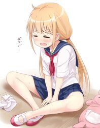 1girl arms_between_legs blonde_hair blue_sailor_collar blue_skirt closed_mouth dot_nose flat_chest furrowed_brow futaba_anzu hair_tie hot idolmaster idolmaster_cinderella_girls idolmaster_cinderella_girls_starlight_stage indian_style long_hair low_twintails miniskirt mintol_(qool+) neckerchief open_mouth pleated_skirt red_neckerchief sailor_collar school_uniform serafuku shirt shoes short_sleeves sitting skirt solo stuffed_animal stuffed_rabbit stuffed_toy sweat tile_floor tiles translated twintails unworn_socks uwabaki very_long_hair wavy_hair white_serafuku white_shirt