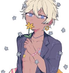 1boy bead_bracelet beads black_jacket blonde_hair blue_eyes bracelet chain chain_necklace covering_own_mouth dark-skinned_male dark_skin earrings flower flower_earrings fragaria_memories hair_between_eyes highres holding holding_flower jacket jewelry looking_at_viewer male_focus necklace no_shirt open_clothes open_jacket rtm1016 sanah_(fragaria_memories) short_hair simple_background solo upper_body white_background yellow_flower