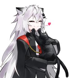 1girl animal animal_ears arknights black_cat black_gloves black_jacket bow bowtie cape cat closed_eyes cowboy_shot gloves hair_between_eyes hair_ornament hairclip heart highres holding holding_animal holding_cat jacket lappland_(arknights) lappland_the_decadenza_(arknights) long_hair long_sleeves miss_christine_(arknights) multiple_tails necktie nsd_cre open_clothes open_jacket red_bow red_bowtie scar scar_across_eye scar_on_face shirt simple_background smile solo tail two_tails white_background white_hair white_shirt wolf_ears wolf_girl