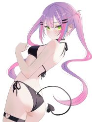 1girl absurdres ass barbell_piercing bikini black_bikini black_choker breasts choker cowboy_shot double-parted_bangs ear_piercing earrings green_eyes hair_ornament hairpin halterneck heart heart_o-ring heart_tail highres hololive industrial_piercing jewelry mea_mememea multicolored_hair multiple_hairpins o-ring o-ring_thigh_strap piercing pink_hair pink_nails purple_hair side-tie_bikini_bottom simple_background small_breasts solo streaked_hair string_bikini swimsuit tail tail_ornament tail_piercing thigh_strap tokoyami_towa twintails virtual_youtuber white_background