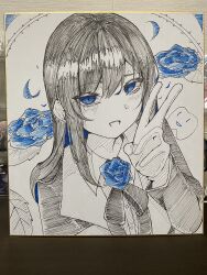 1girl ado_(utaite) blue_flower blue_rose bow bowtie chando_(ado) colored_inner_hair commentary flower gloves ha-chan_(ado) highres long_hair megu_(9abgoluanvcjd7o) multicolored_hair open_mouth partially_colored rose shikishi solo upper_body utaite v