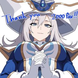Rule 34 | 1girl, blue dress, blue eyes, breasts, doubletwin, dress, duel monster, grey hair, hat, large breasts, long hair, mother&#039;s day, silent magician, simple background, smile, solo, upper body, white background, white hat, yu-gi-oh!