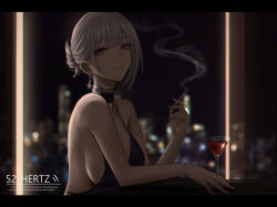 1girl alcohol alternate_costume bare_arms bare_shoulders bracelet breasts chinese_commentary cigarette commentary_request cup earrings from_side girls&#039;_frontline highres holding holding_cigarette jewelry large_breasts looking_at_viewer looking_to_the_side nail_polish night parted_lips purple_eyes purple_nails revision rpk-16_(girls&#039;_frontline) selcky sideboob smile smoke smoking solo upper_body