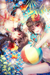 2girls ball beachball bikini bracelet brown_hair fang flower food hair_flower hair_ornament highres holding holding_food holding_popsicle jewelry long_hair looking_at_viewer multiple_bracelets multiple_girls navel open_mouth orange_flower palm_leaf popsicle red_eyes rion_flina short_hair shorts sian_(jred344) sion_flina swimsuit sword_girls water white_flower