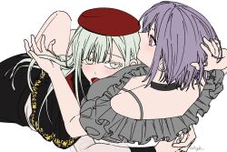 2girls a_jak bang_dream! bang_dream!_it&#039;s_mygo!!!!! black_capelet black_choker black_skirt blush capelet choker closed_mouth green_hair grey_shirt hat hug long_hair mortis_(bang_dream!) mortis_(costume)_(bang_dream!) multiple_girls off-shoulder_shirt off_shoulder open_mouth pink_eyes purple_hair red_hat see-through_clothes see-through_sleeves shirt short_hair simple_background skirt tears twitter_username wakaba_mutsumi white_background yellow_eyes yuri yuutenji_nyamu