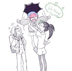 &gt;_&lt; +++ 1boy 2girls arven_(pokemon) backpack bag black_hair blue_hair blush character_name clenched_hands closed_eyes commentary english_commentary english_text eyelashes glasses green_hair hands_on_own_hips hood hood_down hoodie lifting_person lmg_artistocat long_hair long_sleeves motion_blur multicolored_hair multiple_girls necktie nemona_(pokemon) nintendo open_mouth outstretched_arms pants pantyhose penny_(pokemon) poke_ball_print pokemon pokemon_sv ponytail red_hair round_eyewear see-through_clothes see-through_skirt shirt short_hair short_sleeves shorts skirt smile speech_bubble spread_arms standing two-tone_hair very_short_hair