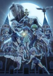 4boys 5girls angel_wings babylon_(dai_nana_oji) black_ribbon blonde_hair blue_eyes blue_hair blush breasts china_dress chinese_clothes dark-skinned_female dark_skin demon_horns dress escher_(dai_nana_oji) glasses green_eyes green_hair grimoire_(dai_nana_oji) hair_between_eyes hair_bun hair_ribbon hand_in_pocket highres holding holding_sword holding_weapon hood hooded_jacket horns jacket jihriel large_breasts lloyd_de_saloum long_hair long_sleeves looking_at_viewer moon multiple_boys multiple_girls mysterious_priest night official_art open_mouth pink_hair ponytail puffy_short_sleeves puffy_sleeves purple_eyes purple_hair ren_(dai_nana_oji) ribbon saria_de_saloum short_hair short_sleeves small_breasts smile sword sylpha_langlis tao_yuifa tensei_shitara_dai_nana_oji_datta_no_de:_kimama_ni_majutsu_o_kiwamemasu trap twintails weapon white_hair wings yellow_eyes