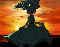 1girl android blue_dress blue_hair colored_skin dishwasher9 dress humanoid_robot jenny_wakeman joints my_life_as_a_teenage_robot nickelodeon robot robot_girl solo sunset twintails