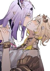 2girls aglaea_(honkai:_star_rail) blonde_hair blush castorice_(honkai:_star_rail) commentary_request dress green_eyes hand_on_another&#039;s_shoulder highres hokenmitumori honkai:_star_rail honkai_(series) imminent_kiss laurel_crown long_hair looking_at_another multiple_girls parted_lips pointy_ears purple_eyes purple_hair short_hair_with_long_locks simple_background sweatdrop white_background white_dress yuri