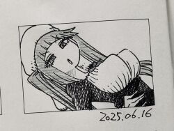 1girl 2025 :o black_dress bleach blush breasts chibi dated dokugamine_riruka dress dutch_angle fingernails hand_on_own_hip hanya_(hanya_yashiki) hat large_breasts long_hair looking_at_viewer monochrome nail_polish photo_(medium) simple_background solo stretching traditional_media tsundere twintails very_long_hair white_background