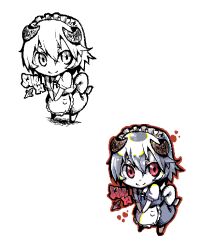 1girl apron asakawa_remon back_bow bow brown_horns closed_mouth commentary_request curled_horns dress full_body grey_dress grey_hair horns izayoi_sakuya looking_at_viewer maid maid_headdress red_eyes simple_background smile touhou waist_apron white_apron white_background white_bow
