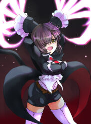 Rule 34 | 1girl, absurdres, arms up, belt, black coat, brown belt, coat, eyepatch, highres, kure kirika, long coat, magical girl, mahou shoujo madoka magica, mahou shoujo oriko magica, medium hair, red background, shorts, solo, thighhighs, ura47869454, white thighhighs