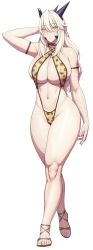 1girl absurdres artoria_pendragon_(fate) artoria_pendragon_(lancer_alter)_(fate) bare_shoulders bikini blonde_hair blush breasts cleavage fate/grand_order fate_(series) full_body hair_between_eyes highres horns large_breasts long_hair looking_at_viewer lvl_(sentrythe2310) navel open_mouth solo swimsuit yellow_eyes