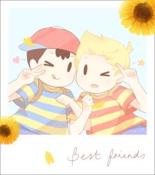 2boys artist_request bad_tag black_hair child flower hat lucas_(mother_3) male_focus mother_(series) mother_2 mother_3 multiple_boys ness_(mother_2) nintendo photo_(object) shirt source_request striped_clothes striped_shirt sunflower super_smash_bros.
