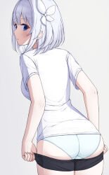 1girl absurdres ass black_shorts blue_eyes blue_panties breasts dressing from_behind highres hikikomari_kyuuketsuki_no_monmon looking_back panties parted_lips sakuna_memoire shirt short_sleeves shorts simple_background solo underwear user_tyad4272 white_background white_hair white_shirt