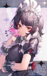 1girl :t absurdres artist_name black_dress black_hair breasts chain colored_inner_hair commentary cuffs dress ellen_joe english_commentary hairband hand_up highres kozou_kazaru looking_at_viewer maid maid_headdress metal_hairband mole mole_on_arm mole_under_eye multicolored_hair pink_hair poking_self puffy_short_sleeves puffy_sleeves red_eyes red_nails short_hair short_sleeves sidelocks simple_background solo upper_body white_wrist_cuffs wrist_cuffs zenless_zone_zero