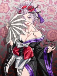 1girl bare_shoulders baron_(varon666) breasts cleavage collarbone eyeshadow fan fuuto_tantei hair_up highres japanese_clothes large_breasts lipstick makeup matching_hair/eyes purple_eyes purple_hair solo tokime_(fuuto_tantei) varon