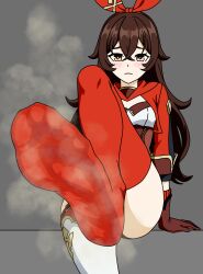 1girl amber_(genshin_impact) blush brown_eyes brown_hair feet genshin_impact highres long_hair looking_at_viewer red_thighhighs soles steam thighhighs toes wfo