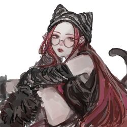 Rule 34 | 1girl, closed mouth, eyelashes, eyeshadow, fake tail, glasses, hashtag-only commentary, hat, highres, kpop demon hunters, leigh 113n, long hair, makeup, mira (kpop demon hunters), pink hair, profile, simple background, sitting, solo, tail, white background