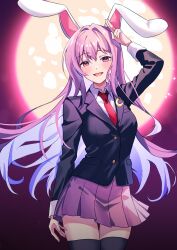 1girl :d absurdres animal_ears arm_up black_jacket black_thighhighs blazer collared_shirt cowboy_shot crescent crescent_pin full_moon highres jacket long_hair long_sleeves looking_at_viewer modyce moon necktie open_mouth pink_hair pink_skirt pleated_skirt rabbit_ears rabbit_girl red_necktie reisen_udongein_inaba shirt skirt smile solo thighhighs touhou very_long_hair white_shirt zettai_ryouiki