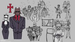 1boy 2girls absurdres animal_ears bad_tag black_horns bodysuit breasts cerberus_(helltaker) concept_art demon_girl demon_horns demon_tail everyone formal_clothes furry glasses goat_bodyguard_(grizz) goat_boy goat_ears goat_girl goat_horns goat_tail grey_background greyscale grizz hair_bun helltaker helltaker_(character) highres holding horns large_breasts lineart long_hair looking_at_viewer lucifer_(helltaker) monochrome multiple_girls necktie original parody personification ponytail red_shirt reference_sheet shirt simple_background sketch standing style_parody suit sunglasses tail vanripper_(style) white_hair