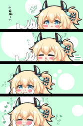 1girl 1other 4koma :i :t absurdres azur_lane blonde_hair blue_eyes blush chibi closed_mouth comic commander_(azur_lane) commentary_request gloves hair_between_eyes hand_up hands_up headgear highres kurukurumagical long_hair motion_lines notice_lines one_side_up out_of_frame speed_lines tanikaze_(azur_lane) translation_request white_gloves