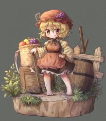 1girl aki_minoriko apple apron arinu barefoot barrel basket blonde_hair blush breasts closed_mouth fence flower food frilled_sleeves frills fruit fruit_hat_ornament full_body grape_hat_ornament grapes grass hair_between_eyes hat hat_ornament highres hoe large_breasts long_sleeves looking_at_viewer mob_cap orange_(fruit) plant red_apron red_eyes red_hat rock shirt short_hair smile solo standing touhou wide_sleeves wooden_box wooden_fence yellow_flower yellow_shirt