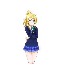 Rule 34 | 1girl, anime coloring, ayase eli, blazer, blonde hair, blue eyes, blue jacket, blue skirt, blush, bow, bowtie, cowboy shot, diagonal-striped bow, diagonal-striped bowtie, diagonal-striped clothes, dress shirt, green bow, green bowtie, hand up, hirayama madoka, index finger raised, jacket, long hair, long sleeves, looking at viewer, love live!, love live! school idol festival, love live! school idol project, miniskirt, official art, otonokizaka school uniform, plaid clothes, plaid skirt, pleated skirt, ponytail, school uniform, shirt, skirt, smile, solo, striped clothes, transparent background, white shirt, winter uniform