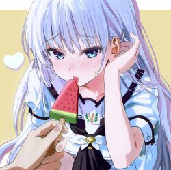 Rule 34 | 1girl, 1other, adjusting hair, black neckerchief, blue eyes, blush, border, fed by viewer, food, holding, holding food, holding popsicle, licking, long hair, looking at viewer, miiizuno lbs, naruse shiroha, neckerchief, popsicle, pov, pov hands, sailor, school uniform, shirt, short sleeves, summer pockets, summer pockets school uniform, tongue, tongue out, upper body, very long hair, watermelon bar, white border, white hair, white shirt, yellow background