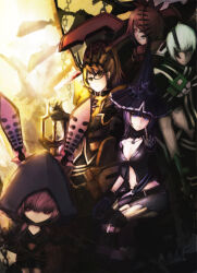 2boys 3girls animal_hood belt black_hoodie black_rock_shooter black_rock_shooter_(character) black_rock_shooter_(game) blonde_hair chain glasses green_eyes hair_over_one_eye hat highres hood hoodie lilio_(black_rock_shooter) magic_xiang mazuma mefe multiple_boys multiple_girls nafhe pink_eyes pink_hair ponytail purple_eyes purple_hair rabbit_hood red_eyes red_hair shizu_(black_rock_shooter) short_hair sword weapon white_hair witch_hat yellow_eyes