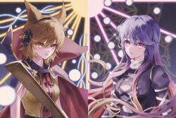 Rule 34 | 2girls, absurdres, armband, belt, black belt, black bow, black bowtie, black collar, black dress, blonde hair, bow, bowtie, breasts, brown shirt, cape, chinese text, cloak, collar, collared cape, collared shirt, criss-cross sleeves, criss-cross straps, danmaku, dress, earmuffs, energy, energy ball, flower, flower pin, gold trim, gradient hair, hair between eyes, hair ears, highres, hijiri byakuren, holding, holding baton, juliet sleeves, laser, light rays, long hair, long sleeves, lotus, m4 gun, medium breasts, medium hair, multicolored hair, multiple girls, pin, puffy long sleeves, puffy sleeves, purple cape, purple hair, red cape, ritual baton, shirt, sky, sleeveless, spell card, star (sky), starry sky, sun, sweater, touhou, toyosatomimi no miko, turtleneck, turtleneck sweater, very long hair, white armband, white sweater, yellow eyes