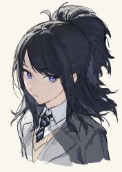 1girl black_hair blue_eyes highres idolmaster idolmaster_shiny_colors kazano_hiori long_hair looking_at_viewer mole mole_under_mouth necktie ponytail school_uniform simple_background sketch solo swept_bangs upper_body zhili_xingzou