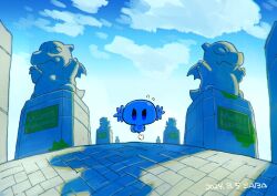 animal_focus blue_sky cloud commentary_request determined gen_2_pokemon highres jumping nintendo no_humans pokemon pokemon_(creature) pokemon_frlg saba_hokke shadow sky solo straight-on wooper