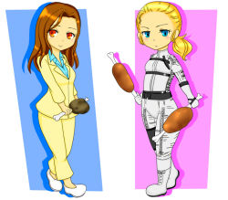 Rule 34 | 2girls, belt, blonde hair, blue eyes, bodysuit, boots, brown hair, dress shirt, female focus, food, formal clothes, gloves, inoue kikuko, jacket, konami, long hair, metal gear (series), metal gear solid, metal gear solid 2: sons of liberty, metal gear solid 3: snake eater, multiple girls, pants, ponytail, red eyes, rose (metal gear solid), shirt, shoes, suit, the boss, voice actor connection, yuuka1156