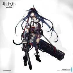 Rule 34 | 1girl, animal ear fluff, animal ears, arknights, asymmetrical legwear, belt, black boots, black gloves, black hair, black skirt, blaze (arknights), blue eyes, boots, breasts, buckle, cat ears, cat girl, cat tail, chainsaw, chest belt, chest harness, chinese commentary, commentary, copyright logo, copyright notice, elbow pads, english commentary, extra ears, fingerless gloves, floating hair, framed breasts, full body, gloves, grey thighhighs, hairband, hand guard, harness, headset, highres, holding, jacket, knee pads, kneehighs, large breasts, light smile, long hair, looking at viewer, mixed-language commentary, multilingual commentary, name tag, official art, open clothes, open jacket, popped collar, pouch, purple thighhighs, red hairband, rhodes island logo (arknights), shoulder strap, sidelocks, single kneehigh, single sock, single thighhigh, skirt, socks, solo, tachi-e, tail, tank top, thigh strap, thighhighs, underbust, uneven legwear, very long hair, watermark, weapon case, web address, white jacket, white tank top, wristband, yui (niikyouzou)