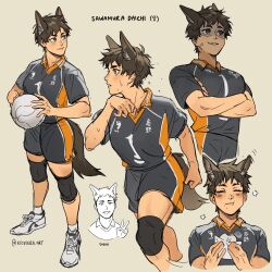 1girl anger_vein animal_ears ball steamed_bun black_shorts brown_eyes commentary crossed_arms dog_ears dog_girl dog_tail english_commentary etceteraart food genderswap genderswap_(mtf) haikyuu!! highres holding holding_ball holding_food multiple_views sawamura_daichi shaded_face shoes short_hair shorts smile sneakers sportswear sweat tail v volleyball_(object) volleyball_uniform white_footwear