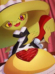 :d absurdres alternate_color black_dress bottle clothed_pokemon colored_sclera commentary_request creatures_(company) dress food game_freak gen_4_pokemon highres holding holding_bottle ketchup ketchup_bottle light_blush mismagius nakaraso_(xtns3483) nintendo no_humans omelet omurice open_mouth pokemon pokemon_(creature) red_eyes shiny_pokemon smile solo tongue yellow_sclera