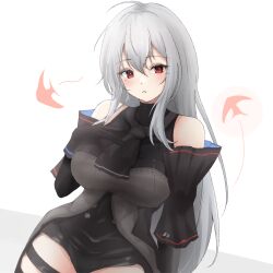 Rule 34 | 1girl, absurdres, arknights, ascot, bare shoulders, black ascot, black gloves, black shirt, breast suppress, breasts, commentary, cowboy shot, gloves, grey hair, hair between eyes, highres, large breasts, long hair, looking at viewer, mameppu, parted lips, red eyes, shirt, simple background, skadi (arknights), solo, white background