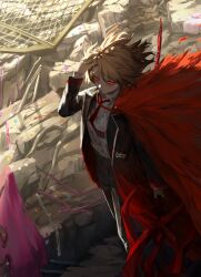 1girl absurdres black_coat blonde_hair closed_mouth coat collared_shirt don_quixote_(project_moon) feather_boa full_body highres holding holding_polearm holding_weapon issun_boushi_(taku37taku) limbus_company long_sleeves looking_to_the_side necktie outdoors parted_bangs polearm project_moon red_eyes red_necktie sancho_(project_moon) shirt short_hair simple_background solo standing weapon white_shirt