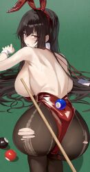 1girl all_fours animal_ears ass asymmetrical_hair azur_lane back backboob ball billiard_ball black_hair blush breasts brown_pantyhose commentary cue_stick detached_collar embarrassed fake_animal_ears feet_out_of_frame furrowed_brow hair_between_eyes hairband highres lanyard large_breasts leotard long_hair looking_at_viewer looking_back naig_(naiji) official_alternate_costume pantyhose parted_lips playboy_bunny pool_table rabbit_ears red_eyes red_hairband red_leotard side_ponytail sideboob solo strapless strapless_leotard sweat table taihou_(azur_lane) taihou_(fun_on_the_baize)_(azur_lane) thigh_strap torn_clothes torn_pantyhose wrist_cuffs