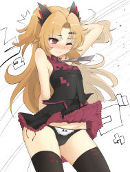 1girl ^^^ absurdres akatsuki_uni arm_behind_back arm_behind_head arm_up bare_arms bare_shoulders bat_ornament bat_panties black_dress black_panties black_thighhighs blush breasts clothes_lift commentary_request dress dress_lift embarrassed fang fang_out female_focus groin hair_ornament hairclip highres light_brown_hair long_hair momio multicolored_dress nose_blush one_eye_closed panties parted_bangs purple_dress side-tie_panties sleeveless sleeveless_dress small_breasts solo sweat thighhighs two_side_up underwear uni_create very_long_hair virtual_youtuber wind wind_lift zipper_pull_tab