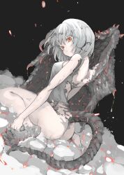 1girl ass bare_back black_background breasts claws dragon_girl dragon_tail embers expressionless highres huyunokure medium_breasts no_pants original scales short_hair sideways_glance single_wing slit_pupils solo tail torn_clothes white_hair wings