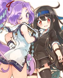 10s 2girls ass black_hair folded_fan dress hand_fan folding_fan gloves hatsuharu_(kancolle) hatsushimo_(kancolle) kantai_collection long_hair multiple_girls naka_akira necktie one_eye_closed ponytail purple_eyes purple_hair red_eyes remodel_(kantai_collection) sailor_dress school_uniform