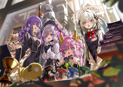 4girls ahoge bell beret blonde_hair blue_eyes blush bow braid character_doll csejte_pyramid_himeji_castle doll dragon dragon_girl dragon_horns dumuzid_(fate) eliza_the_nine-tattooed_dragon_(fate) fate/grand_order fate_(series) grey_hair hair_between_eyes hair_bow hair_ribbon hat holy_grail_(fate) horns jeanne_d&#039;arc_alter_santa_lily_(fate) johanna_(fate) leonardo_da_vinci_(fate) long_hair mini_nobu_(fate) multiple_girls nursery_rhyme_(fate) oda_nobunaga_(fate) official_art open_mouth parvati_(fate) pink_hair pointy_ears ponytail promotional_art purple_eyes purple_hair ribbon second-party_source shino_(eefy) smile statue twin_braids yellow_eyes
