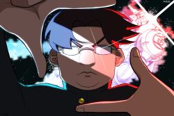 1boy black_hair black_jacket closed_mouth commentary dandadan english_commentary gakuran glasses glint highres jacket junpainter kami_high_school_uniform long_sleeves looking_at_viewer male_focus portrait sakata_kinta school_uniform short_hair solo straight-on upper_body v-shaped_eyebrows